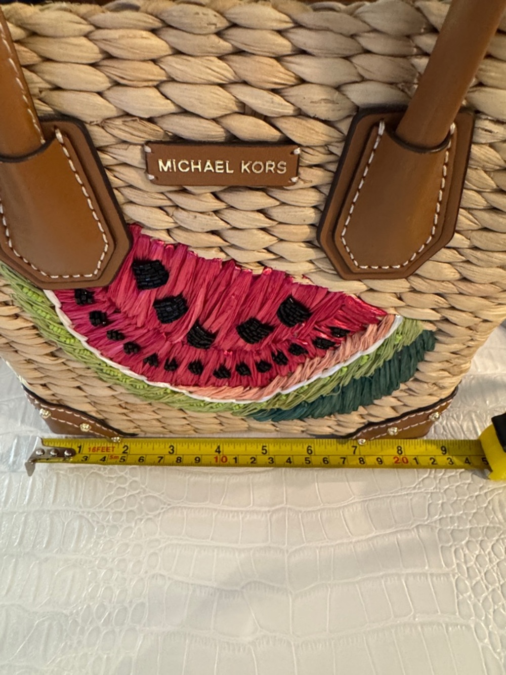 Michael Kors Straw Tote with Pink Watermelon Patch and Brown Leather Trim - Picture 9 of 12